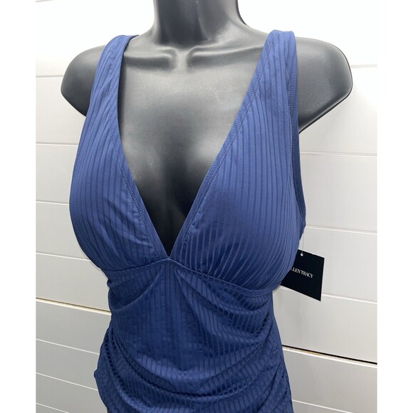 Ellen Tracy One Piece Swimsuit Navy Sz 14 Ruching Beach Coastal Resort Wear - Picture 2 of 10